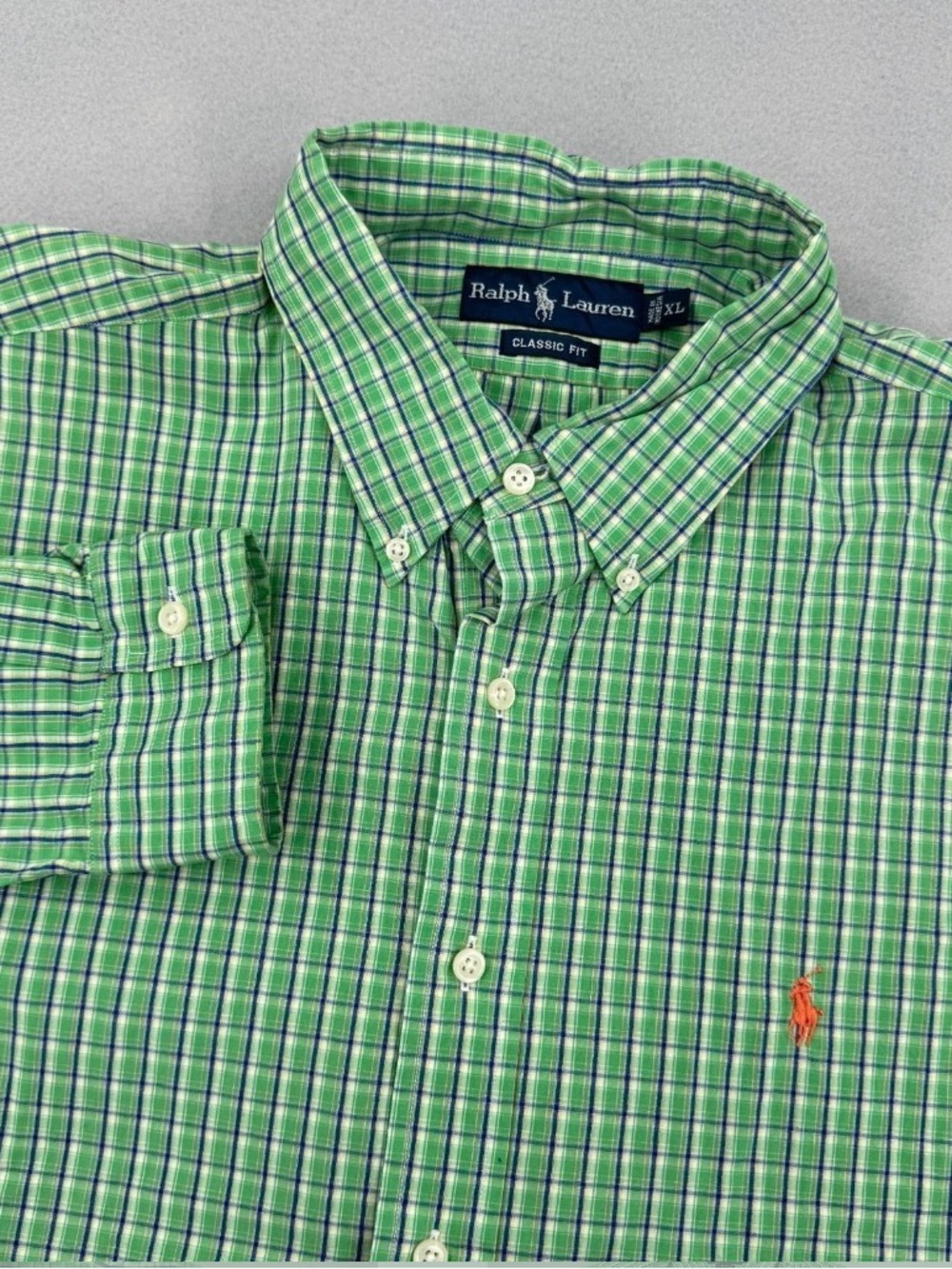 Ralph Lauren Green Plaid Button-Down Shirt with Orange Pony